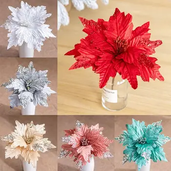 1 BUC DIY de Crăciun Flori lucrate Manual Sclipici Ornamente Decor, Flori Artificiale 25cm Grădină Acasă