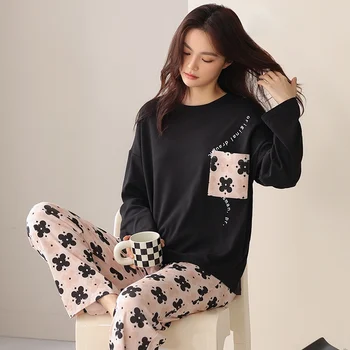 100% Bumbac Maneca Lunga Print Pijama Seturi pentru Femei Toamna-coreean Pijamale Drăguț Costum de Pijama Homewear Pijama Mujer Haine de Acasă