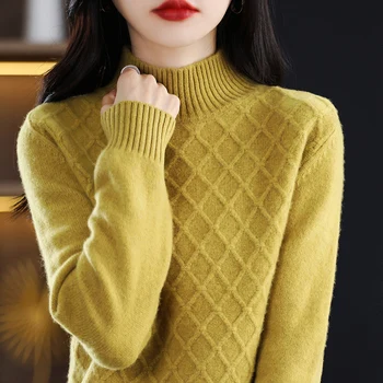 100% Lână Pură Pulover Femei pe Jumătate Guler Înalt pulover Pulover 2022 Toamna Iarna Nou Soft de Moda Sacouri Slim Top