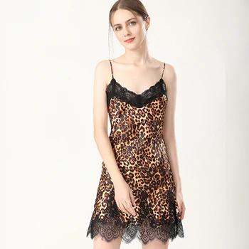 100% Matase Leopard cămașă de noapte pentru Femei Dantelă Subțire Potrivi Doamnelor camasuta de noapte Petrecere Elegantă, Sexy Pijamale Satin sp0172