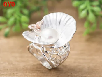 100%argint 925 placat cu perla inel deschis literar feminin mici proaspete, frunze de inel