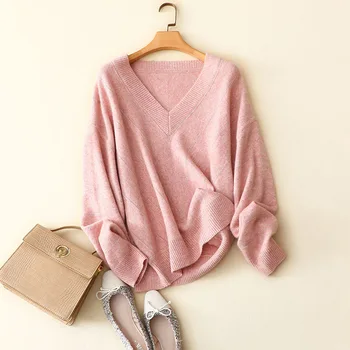 100% cașmir pulover de moda pentru femei v gât pulovere roz cu maneci lungi tricot vrac doamnelor elegante, confortabile iarna tricotaje