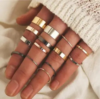 14 buc/set set inele pentru femei fata exagerat de personalitate inel creatoare de moda tri-color grosime inel neted bijuterii de mana
