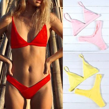 2 buc Femei de Vara Set de Bikini de Culoare Solidă V-Neck Tanga Sutien costum de Baie Push-up, Costume de baie, îmbrăcăminte de Plajă, Costume de Baie