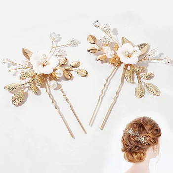 2 buc Florale Ac de păr de Perle în formă de U Agrafe de Par Pentru Femei de Aur Lasă Părul Furculita Fete de Moda Mireasa Pandora Bijuterii de Păr