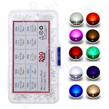 200pcs (10 culori x 20buc) 3mm Dioda LED Kit de 3 mm 3V Set Emițătoare de Lumină Alb Cald Roșu Verde Albastru Galben Portocaliu Violet UV Roz