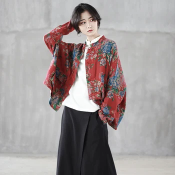 2019 feminin nou vara și toamna plus dimensiune Chineză stil cardigan mare de flori retro catarama tricou imprimat cu maneci liliac îmbrăcăminte exterioară