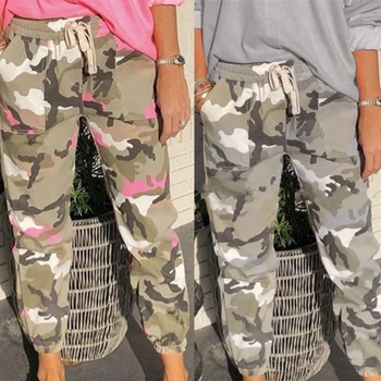 2020 Gri Camuflaj Imprimare De Înaltă Talie Elastic Lungime Completă Camo Cargo Pantaloni Haine Pentru Femei Pantaloni Casual Pantaloni Largi
