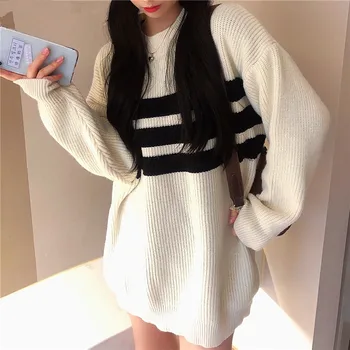 2021 Autunm Femei De Iarnă, Pulovere Cu Dungi Epocă Modă Tricotate Supradimensionate Knitwears Doamna Eleganta Topuri