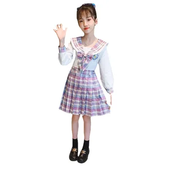2021 Fete JK Uniformă Carouri Roz Școală Rochie de Copil Drăguț Japoneză Tricouri Fusta Plisata Set Copilul de Primavara Toamna Școală Show Haine