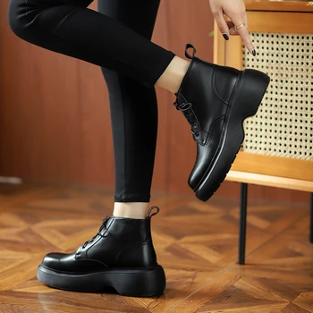 2021 Iarna din Piele pentru femei Cizme pentru Femei Med Glezna Cizme Dantela-up Zapatos De Mujer Plat Cu Femei Pantofi Rotund Toe pantofi platforma