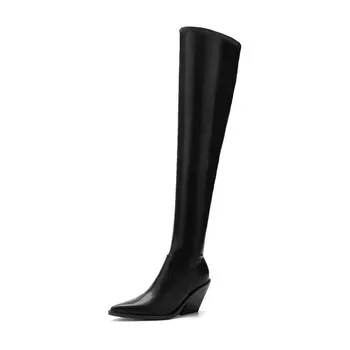 2021 Nou Pantofi pentru Femei Negru din Piele Moale Întinde de Cald All-meci Peste-genunchi Iarna a Subliniat Toe Panta Cizme cu Toc Populare Modele