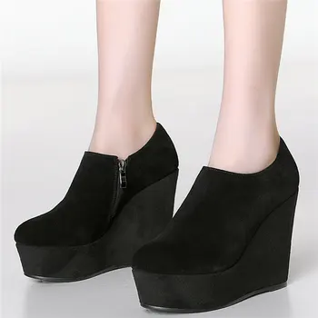 2021 Rotund Toe Pantofi Oxfords Femei Negru Din Piele Pene Cu Toc Glezna Cizme De Sex Feminin A Scăzut De Sus Indesata Pompe De Platforma Pantofi