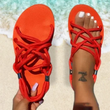 2021Summer Noi Doamnelor Sandale Plate de Culoare Solidă Purta Pantofi de Plaja si Sandale Confortabile Vara Frânghii Împletite Sandale Moi Pantofi de Plaja