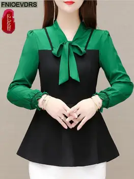 2022 Femei Elegante Office Lady Vintage Retro Peplum Papion Topuri Faux Două De Design 2-Bucata Verde Tunică Lungă De Bază Tricouri Bluza