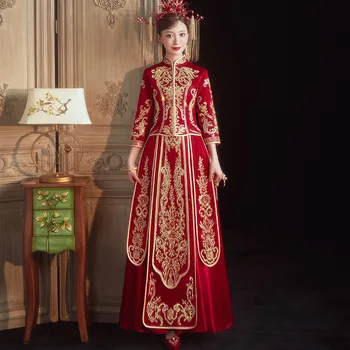 2022 Femei Vintage din Satin Dragon și Phoenix Rochie de Mireasa Xiuhe Costum Tradițională Chineză Roșu de Mireasa Cheongsam Moderne Qipao Rochie