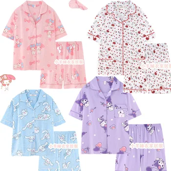 2022 Kawaii Hello Kitty Kuromi Cinnamoroll pijamale de bumbac pentru femei de vară, cămașă cu mânecă scurtă, pantaloni scurți desene animate ins serviciu acasă
