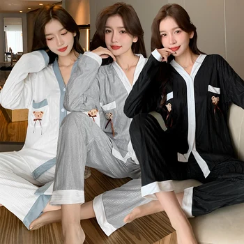 2022 Nouă Primăvară Toamna cu Maneci Lungi V-neck Bumbac Pijama Set pentru Femei coreene Sleepwear Costum de Pijama Homewear Pijama Mujer Haine