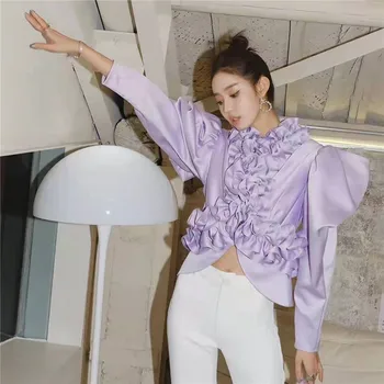2022 Primăvară Noua Moda pentru Femei efecte Cascadă Lungă Puff Maneca Zip Spate High Street Scurt Slim Violet Bluze