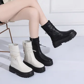 2022 Toamna Noua Moda botinele Chelsea Dantela Sus cu Fermoar Papuceii Femeie Platforma PU Pantofi de Piele de sex Feminin Doamnelor Plus Dimensiune 35-43