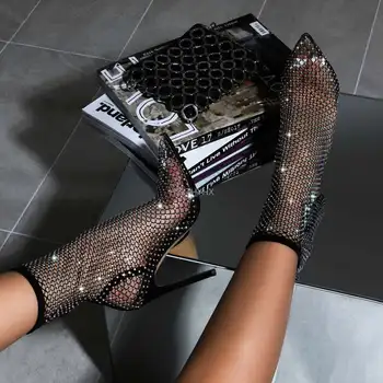 2022 Vara Bling Bling Stras Plasă De Subliniat Toe Sandale Cizme Glezna Stilet Tocuri Sex Feminin Cristal Plasă Pantofi Sandale