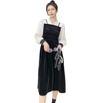 2022 primăvară noua moda temperament dantela brodata de cusut rochia mici coreean parfum de catifea peste genunchi fusta V-Neck