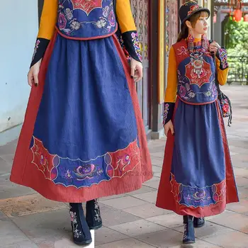 2022 tradițională chineză fusta retro etnice harajuku național de catifea fusta cu broderie flori talie elastic femei fuste lungi