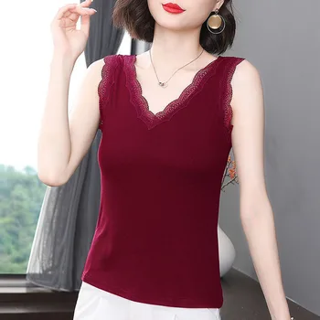 2023 Noi de Vară V Gâtului Poliester fără Mâneci tricou Femei de Moda coreeană Stil Culoare Solidă tricou Bottom