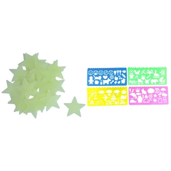 35 Buc Mini Stele Fosforescente Autocolante De Perete & 4 Buc De Plastic Șabloane De Desen Conducător Pentru Studenți Copii