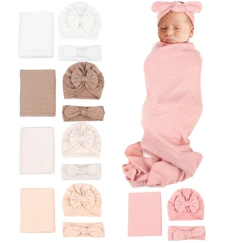 3PCS Baby Wrap Pătură Nou-născut Palarie pe Bentita Înfășa Împachetări Primirea Pătură Copil mic Fată de Gen Neutru Capete Accesorii