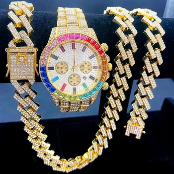3PCS Iced Out Ceasuri pentru Barbati de Culoare de Aur Cuarț 15mm Cubanez Lanțuri Bratara + Coliere de Diamante Bijuterii Set Oameni Uita-te la Om
