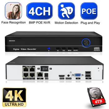 4 Canale de 8MP POE NVR IP Recorder Video de Detectare a Mișcării CCTV 4CH Supraveghere de Securitate Recorder pentru Sistemul de Camera IP XMEYE NVR