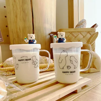 450ML coreea Drăguț Urs Polar Sticlă Transparentă Cani Mari de Sticlă Borosilicată Cu Capac Birou de Afaceri Lapte Ceașcă de Cafea