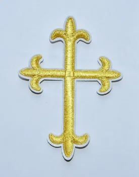 (5 buc) Aur Religioase Fleur De Lis Cross Fier Pe Aplicatiile de Patch-uri Brodate Hristos ( aproximativ 7.4 * 10 cm)