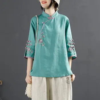 5colors Nou Chinezesc Stil Retro Lenjerie de pat din Bumbac Tricouri Femei Elegante Broderie Qipao Butonul Topuri Ceai Zen T-shirt Bluza Haine