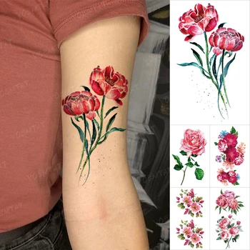 Acuarelă Lotus Cerneală Impermeabil Tatuaj Temporar Autocolant Flori De Trandafir Bujor Plum Blossom Tatuaj Braț Realist Body Art Bărbați Femei