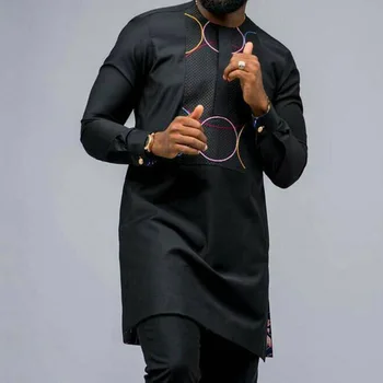 Africa De Moda Negru Bărbați Tricou Casual, Guler Rotund Cu Maneca Lunga Slim Fit Shirt Oameni Noi Topuri Africane Mid-Lungime Dashiki
