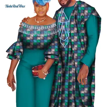African Set de Fusta pentru Femei Bazin Riche Bărbați Roba+Tricou Stabilit Câteva Haine Tradiționale Africane Îmbrăcăminte Iubitor de Haine WYQ757
