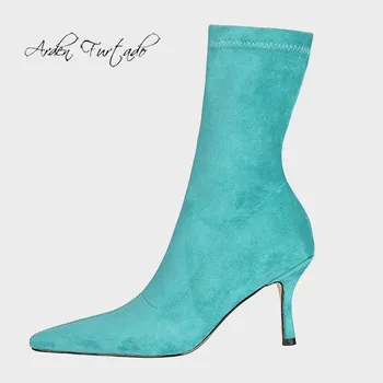 Arden Furtado 2021 Moda Pantofi pentru Femei Subliniat Toe Tocuri Tocuri Elegante Cizme elastice Albastru Gri Galben Cizme Scurte 41 42