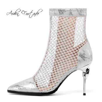 Arden Furtado Moda de Vara pentru Femei Pantofi Subliniat Toe Tocuri Tocuri Fermoar argintiu Plasă de Cizme wed pantofi de mari dimensiuni 41 42 43