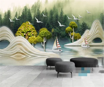 Asia de sud-est 3D tridimensional de Relief Lacul Lumina Munte Pasăre Barca de Navigatie Fundal Pictura pe Perete Fotografie Tapet