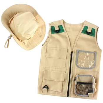 Aventură în aer liber Kit,Copil Tânăr Kaki Marfă Vestă Și Pălărie Confortabil Și Durabil Explorer Costum Joc de Rol Jucărie