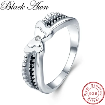 [BLACK DAWN] Trendy 2.8 g Argint 925 Bijuterii Spinel Negru Fluture Inele de Logodna pentru Femei Bijoux C479