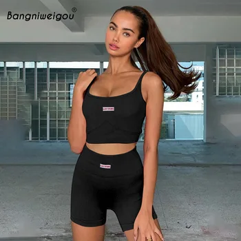 Bangniweigou de vară sport fitness de top și pantaloni scurți set de două piese femeile slim fit cu dungi tricotaje, pantaloni scurți set motor utilaje