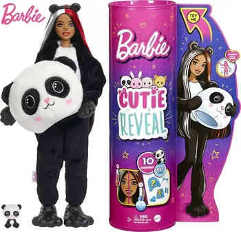 Barbie Panda Cutie Dezvăluie Păpuși cu Animale de Pluș Costumul 10 Surprize, Inclusiv Mini animale de Companie și Schimba Culoarea Cadou pentru Copii HHG22