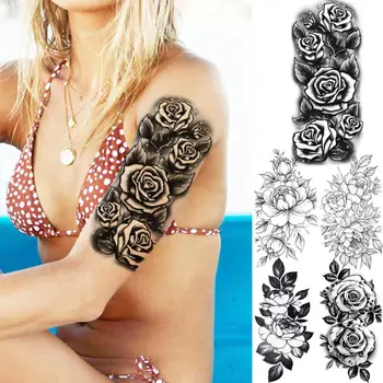 Black Rose Floare De Moda Brațul Tatuaje Temporare Pentru Femei Adulte Dahlia Bujor Cruce False Rezistent La Apă Tatuaj Body Art Tatuaje Hârtie