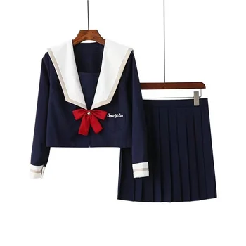 Bleumarin JK Uniforma de Vară de Scurtă/lungă Maneca Japoneze Uniforme Școlare Fetele Marinarului Seturi de Fusta Plisata Jk Uniformă Pentru Costum