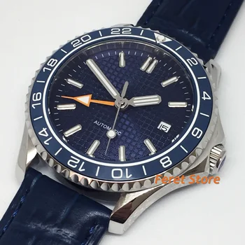 Bliger 41mm bărbați de lux de top GMT ceas mecanic de sticlă de safir cadran albastru curea din Piele luminoasă impermeabil ceas automatic