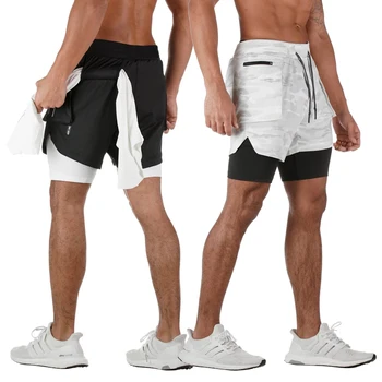 Bărbați Dublu-straturi de pantaloni Scurți de Sport, Sudoare de Absorbție Uscare Rapidă Cordon Talie Pantaloni scurti cu Buzunare Laterale Stil Nou 2021