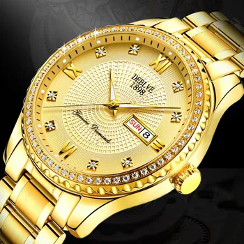Bărbați ceas de Lux luminos bandă de oțel ceas de aur cu diamant dublu calendar watch tendință de Moda Impermeabil bărbați